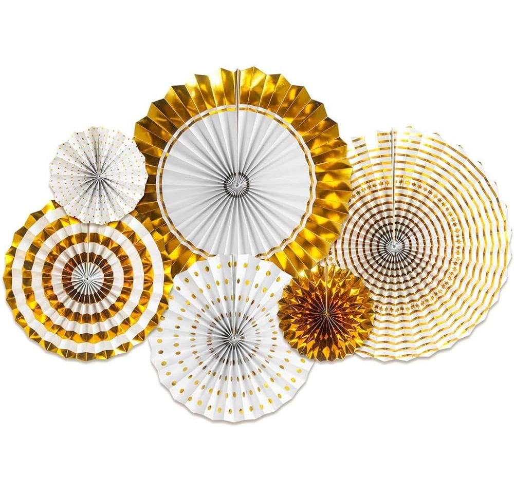 6 מניפות נייר לבן עם זהב