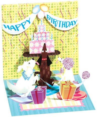 כרטיס ברכה נפתח קופץ קטן – עוגת יומולדת עם כלבים