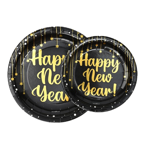 8 צלחות קטנות Happy New Year שחור עם הטבעת זהב