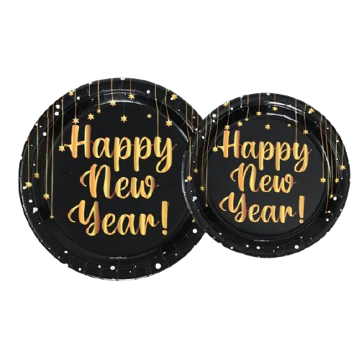 8 צלחות גדולות Happy New Year שחור עם הטבעת זהב