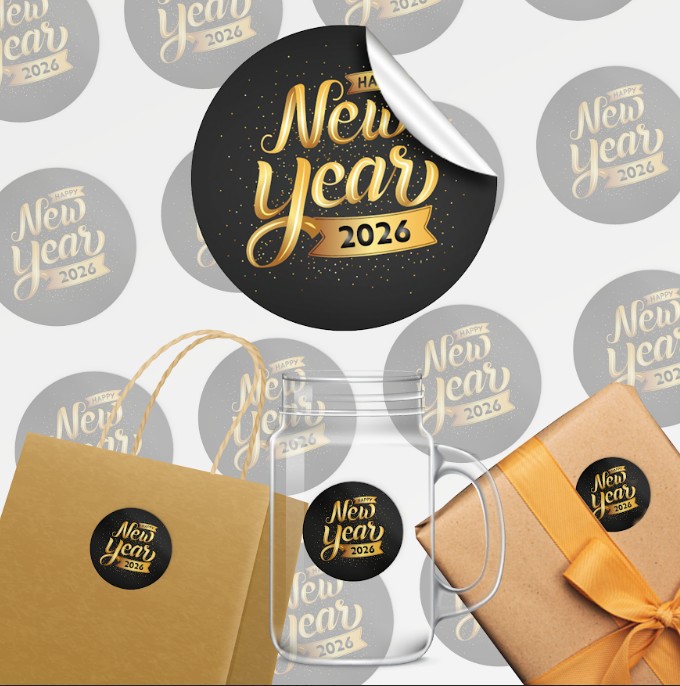 24 מדבקות עגולות סילבסטר 2026 שחור זהב