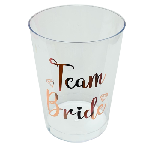 10 כוסות קריסטל שקופות עם הטבעת Team Bride רוז גולד