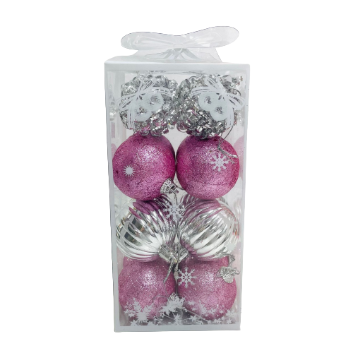 16 כדורי קישוט לעץ כריסמס-כסף וורוד גליטר
