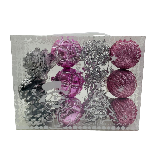 מזוודה עם 12 כדורים ואצטרובלים ורוד וכסף