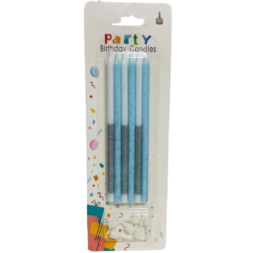 6 נרות ארוכים תכלת גליטר חצי לבן וגליטר כסף