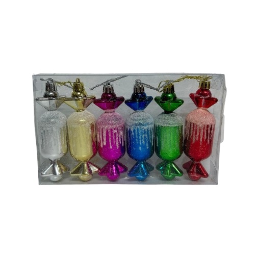 מארז 6 קישוטי עץ בצורת סוכריות צבעוניות