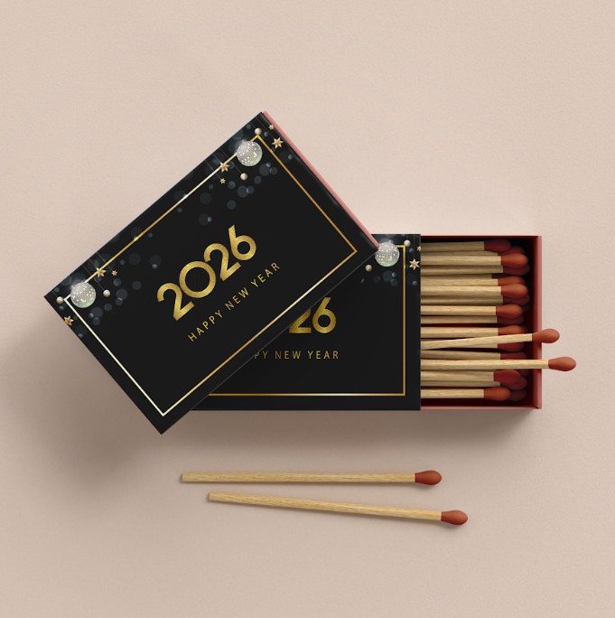 דף מדבקות לגפרורים בעיצוב סילבסטר 2026 דיסקו