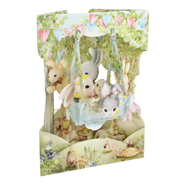 כרטיס ברכה תלת מימד גדול | ארנבונים על נדנדה