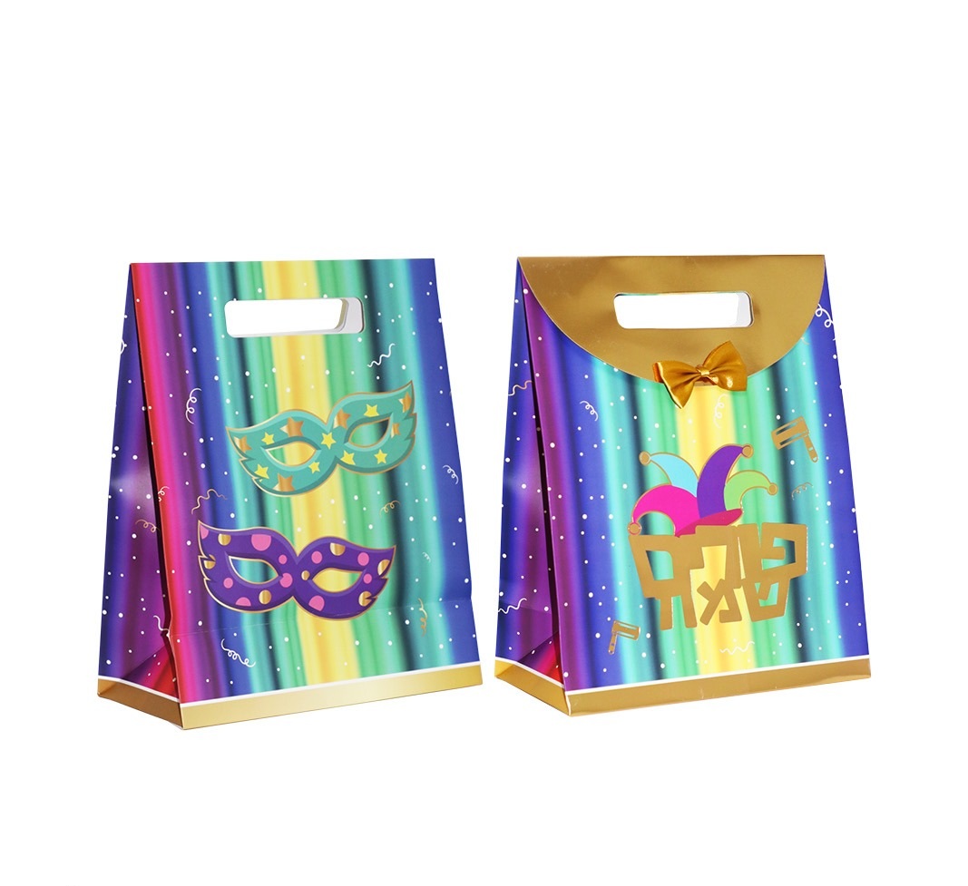 שקית עם פפיון פורים שמח אומברה זהב | 31*24.5 ס”מ