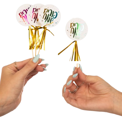 6 קיסמי פורים שמח מטאלי צבעוני עם פרנזים זהב