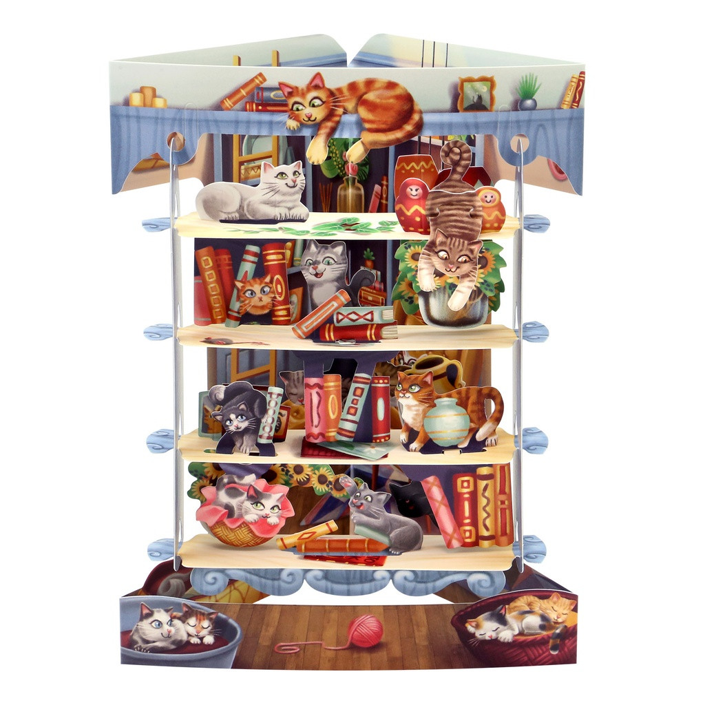 כרטיס ברכה תלת מימד גדול | חתולים בספריה